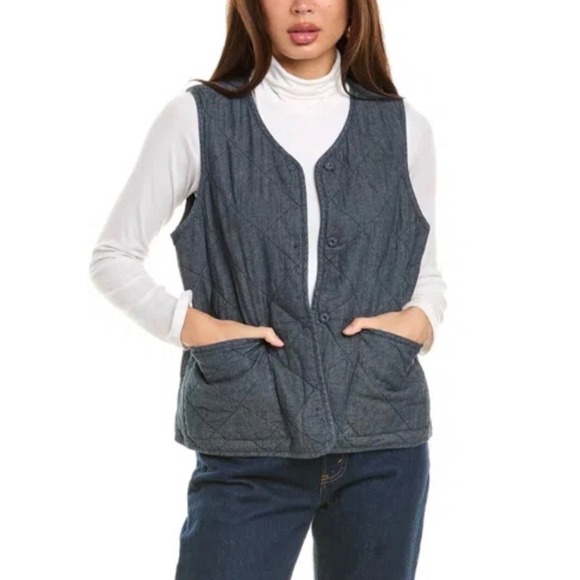 Eileen Fisher Jackets & Blazers - Eileen Fisher Organic Cotton Twill Quilted Blue Vest Side Pockets Women Large